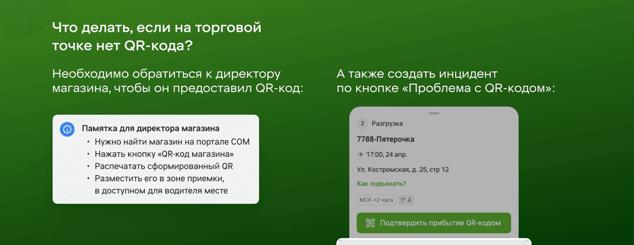 Памятка для директора магазина: найти магазин на портале СОМ, нажать «QR-код магазина», распечатать и разместить в зоне приёмки; рядом карточка точки с кнопкой «Проблема с QR-кодом»