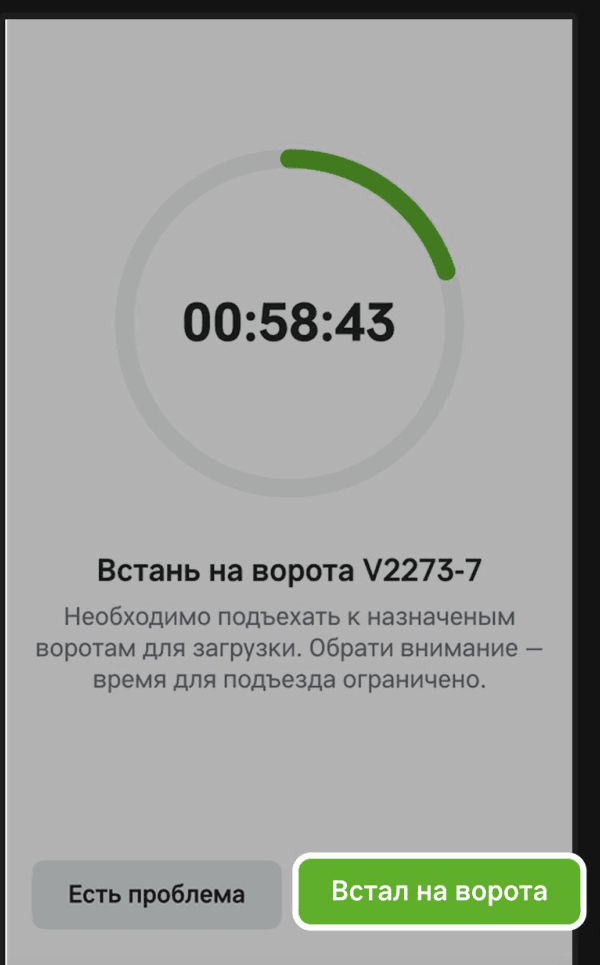 Экран с таймером обратного отсчёта, надписью «Встань на ворота V2273-7» и кнопками «Есть проблема» и «Встал на ворота»