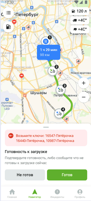Блок «Готовность к загрузке» с плашкой «Возьмите ключи» и списком точек, кнопки «Не готов» и «Готов»