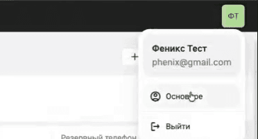 Меню профиля: имя и почта аккаунта, пункты «Основное» и «Выйти»