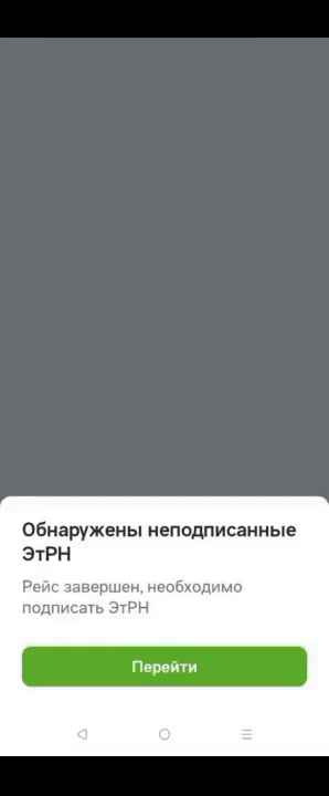 Окно «Обнаружены неподписанные ЭТрН» с текстом «Рейс завершен, необходимо подписать ЭТрН» и кнопкой «Перейти»