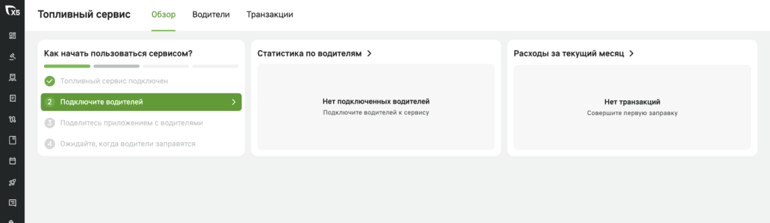Вкладка «Обзор» Топливного сервиса: блок «Как начать пользоваться сервисом?» с четырьмя шагами, плитки «Статистика по водителям» и «Расходы за текущий месяц»
