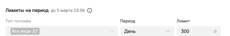 Поля «Тип топлива», «Период» и «Лимит» в блоке «Лимиты на период»