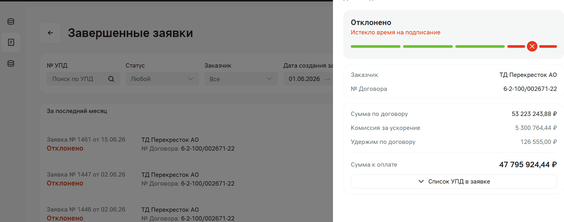 Карточка отклонённой заявки: статус «Отклонено» и причина «Истекло время на подписание»