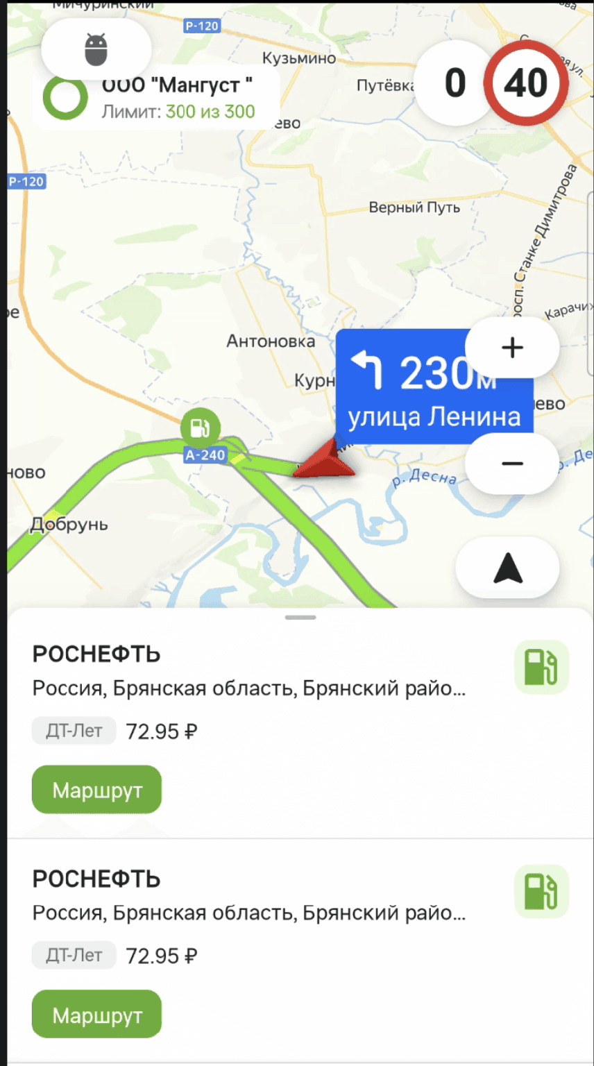 Карта с заправками и список АЗС: «РОСНЕФТЬ», адрес, «ДТ-Лет 72.95 ₽» и кнопка «Маршрут»