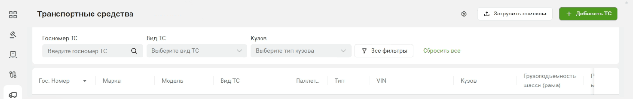 Раздел «Транспортные средства»: фильтры «Госномер ТС», «Вид ТС», «Кузов» и кнопки «Загрузить списком» и «Добавить ТС»
