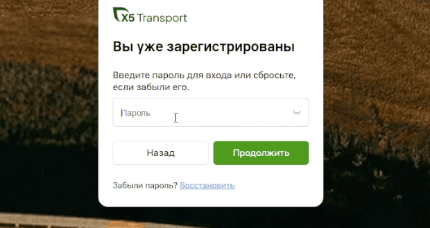 Экран «Вы уже зарегистрированы»: поле «Пароль», кнопки «Назад» и «Продолжить», ссылка «Восстановить»